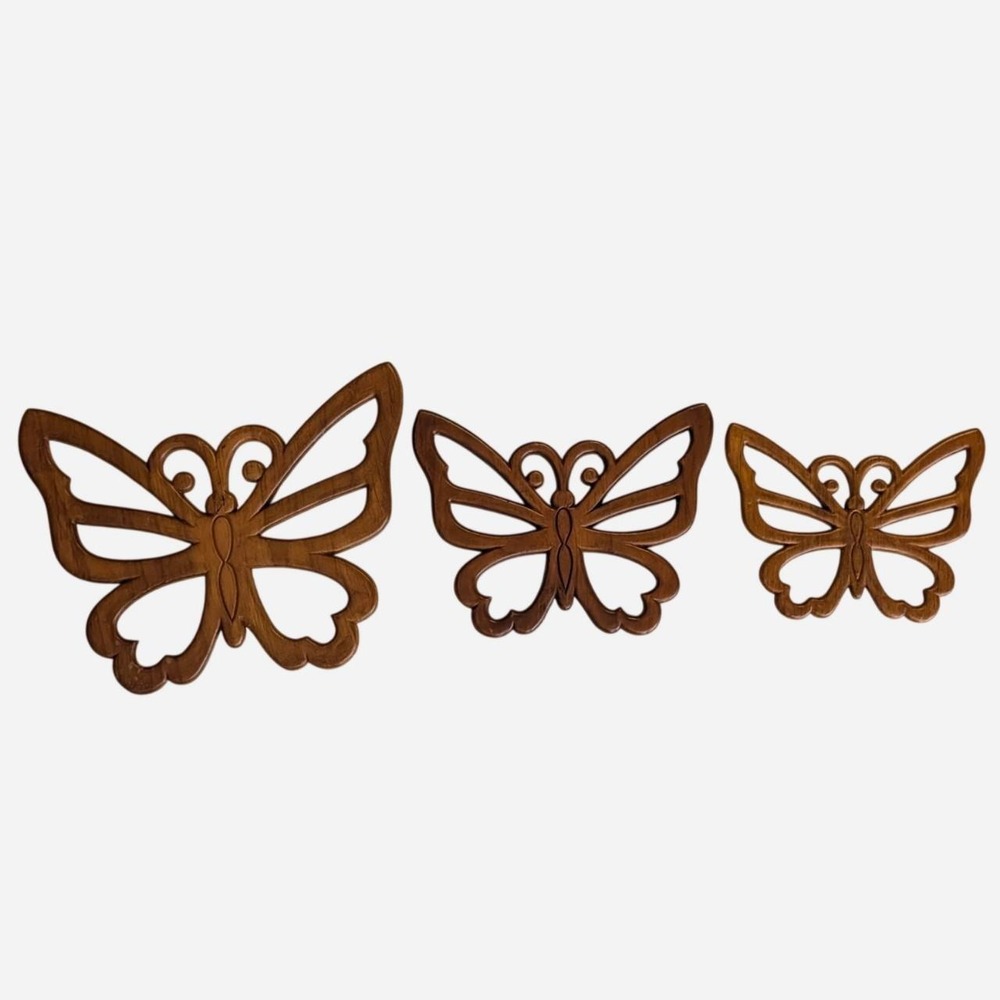 Carved Wood Butterfly Wall Decor Set of 3 Boho Vintage Style